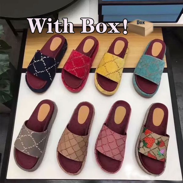 

2022 designer women slippers thick embroidered canvas strawberry pattern platform slippers beach slides slippers fashion shoes leather brown, Black