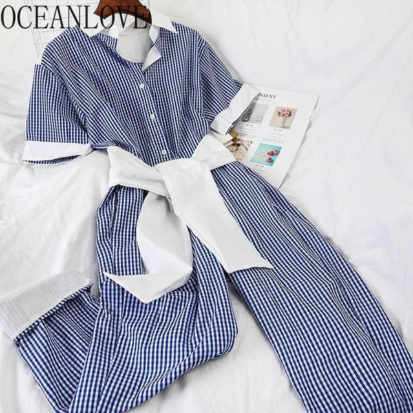 

oceanlove plaid jumpsuit women bandage korean high waist bodysuit fashion short sleeve button ankle-length ropa mujer 164691, Black;white