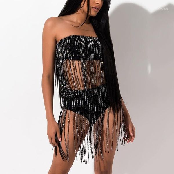 

shiny rhinestones tassel two piece set strapless backless crop elastic waist panty summer party clubwear 2 pcs outfits1, White