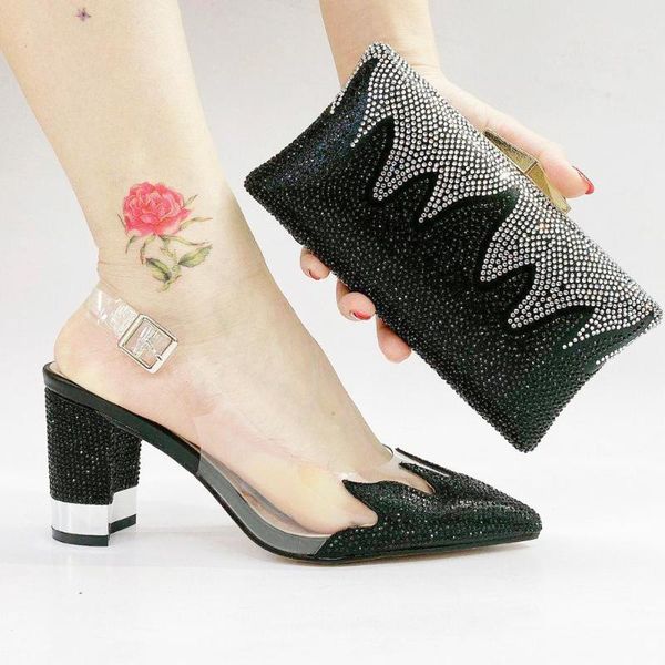 

gold blue wholesale fashion shoe and bag set to match glitter african women pumps party shoes and bags matching set, Black