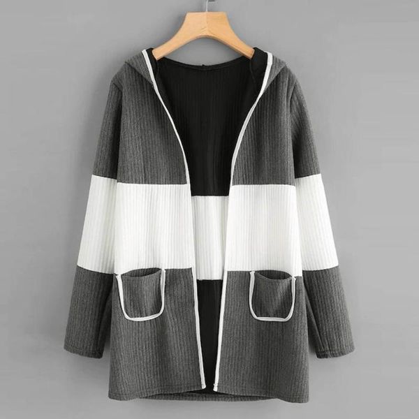 

women's vests women blouse casual long sleeve hooded patchwork pockets cardigan jacket spring autumn streetwear bluza damska #7, Black;white