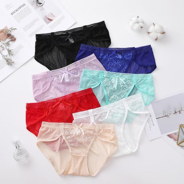 

women's panties umka 2021 bow lace breathable hollow hip raising low waist comfortable sleeping triangle girl women underwear, Black;pink