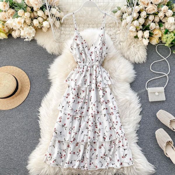 

women summer floral dress v neck bohemian flower midi long dresses holiday elastic chiffon strap tiered print dress, Black;gray
