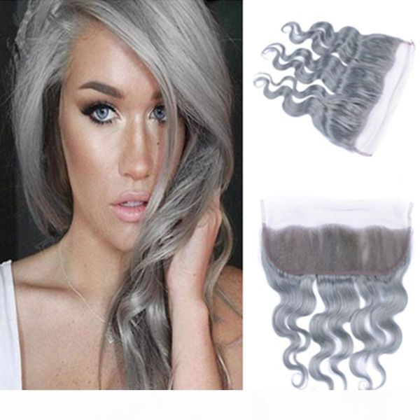 

middle part silver grey human hair full lace frontal closure 13x4 bleached knots pure grey color body wave wavy full lace frontal, Black;brown