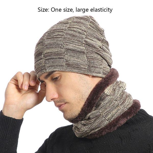 

winter jacquard plaid knit beanie hat scarf set ski skull cap neck warmer d08e