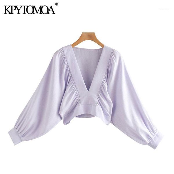 

kpytomoa women 2020 fashion pleated linen cropped blouses vintage lantern sleeve side zipper female shirts chic 1, White