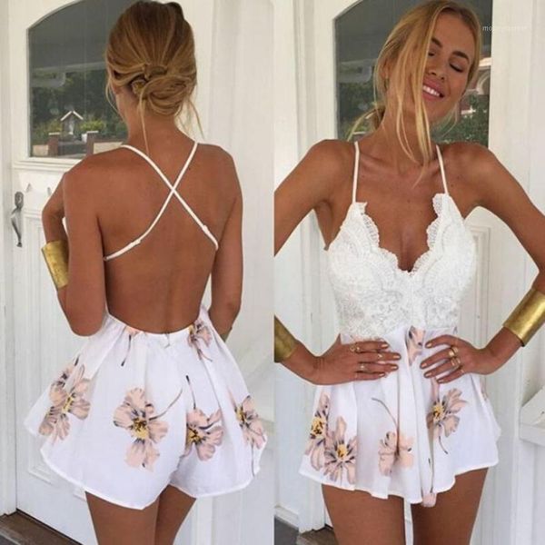 

bodysuit new lace printing v neck strap sleeveless jumpsuit rompers playsuit bodysuits women july101, Black;white