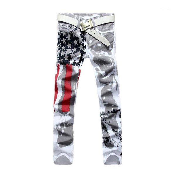 

men's jeans big size 28-48 brand men's pants 2021 white printed fashion men slim stretch printing american flag hombre1, Blue