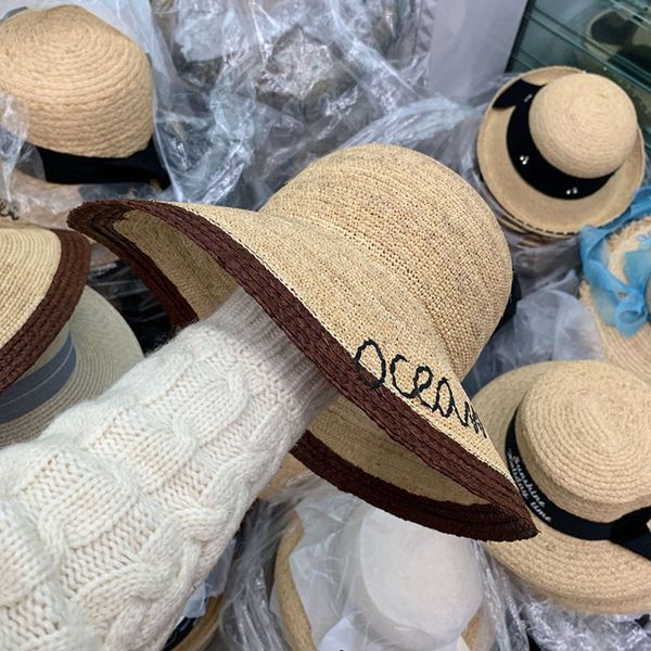 

female new lafite straw letter sewing decoration eaves sunshade hat beach side travel versatile tide, Blue;gray