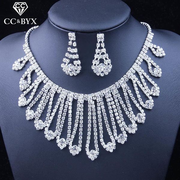 

fashion jewelry set necklace drop earring 2pcs wedding accessories luxury shine crystal tassel design party fine gift xs14, Silver