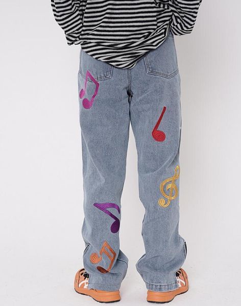 

high street musical note letter embroidery mens jeans 2020 oversize washed side zipper baggy casual denim trousers w1332, Black