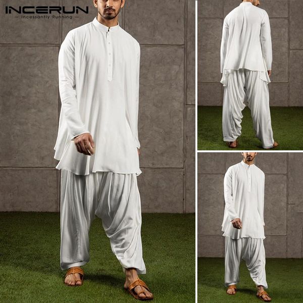 

casual buttons suits incerun vintage solid color mens suits autumn long sleeve stand collar elastic drop crotch pants sets, Gray