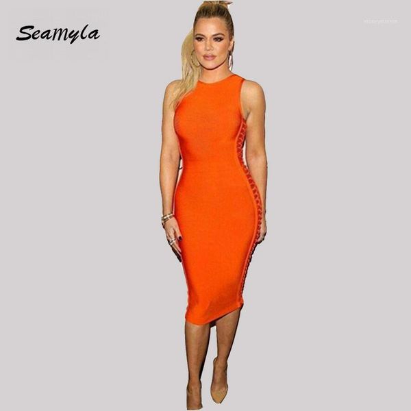 Parti Elbiseleri Toptan-2021 Yaz Vestidos Bodycon Bandaj Kadın Orta Buzağı Oymak Seksi Kolsuz Akşam Khloe Kardashian Dress1