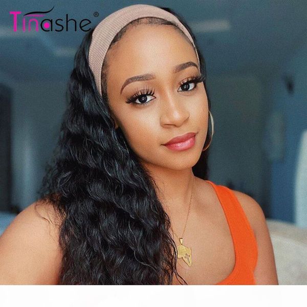 

tinashe headband wig loose deep wave wig 150 density brazilian chic scarf head band wigs for black women curly human hair, Black;brown