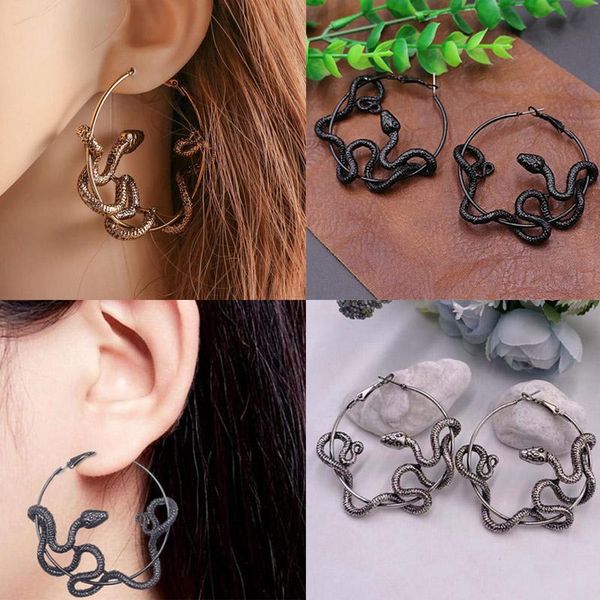 

Personality Gothic Cool Punk Antique Animal Black Snake Earrings Crazy Twining Snake Hoop Statement Earrings Party Jewelry, Silver