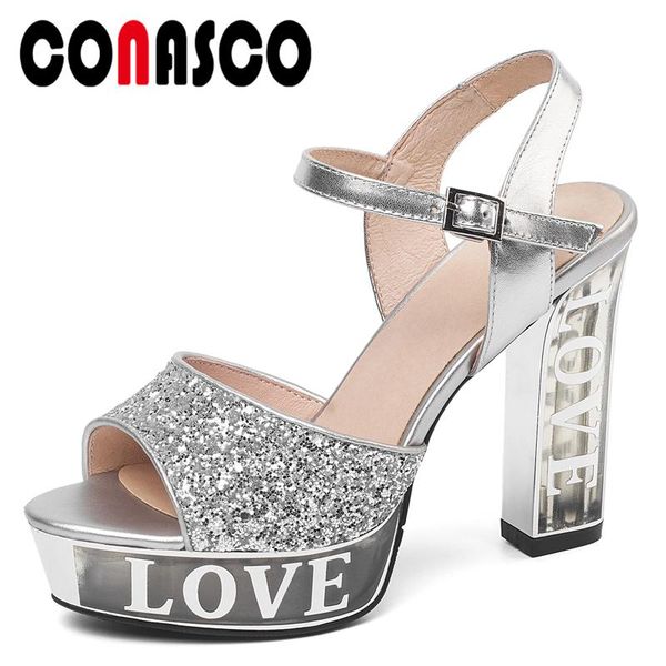 

conasco fashion blingbling 2020 summer new women sandals pumps buckle high heels platforms casual wedding party shoes woman, Black