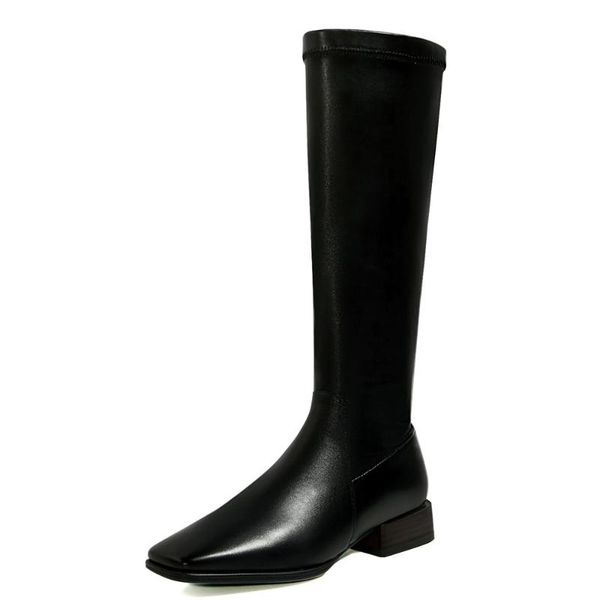 

microfiber leather square toe side zipper knee-length boots brown microfiber flat low-heeled soft long women boots, Black