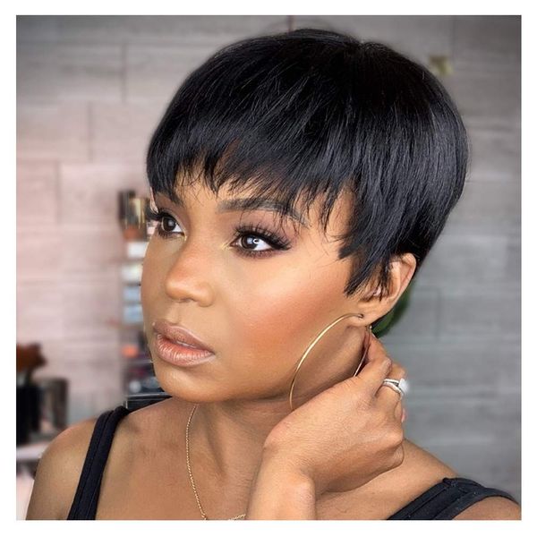 

short bob wig with bangs pixie cut brazilianhumanhair, Black;brown