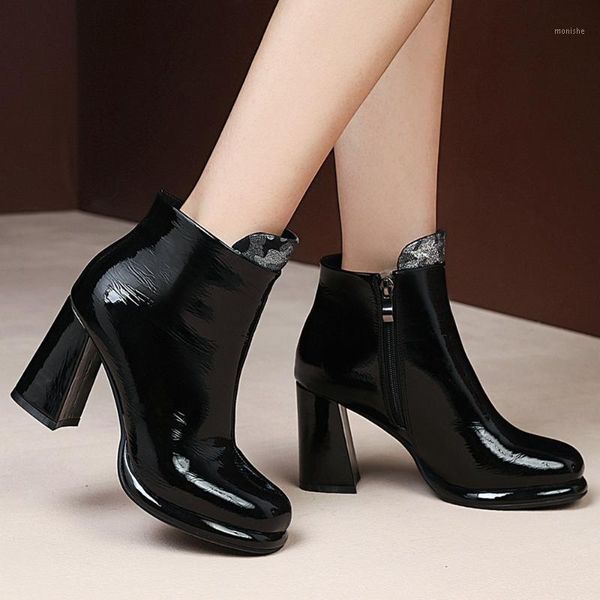 

thick heel ankle boots woman fashion faux patent leather winter boots ladies retro square round toe short female shoes1, Black