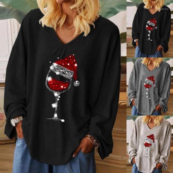 

merry christmas print t-shirts women casual cartoon pattern v-neck long sleeve t-shirt koszulka damska loose ladies pullover, White