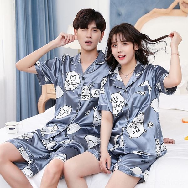 

q0eo simple ice x9826 couple flower printed sleepwear short sleeve shorts sets satin silk thin pajama male female plus size summer home wear, Black;red