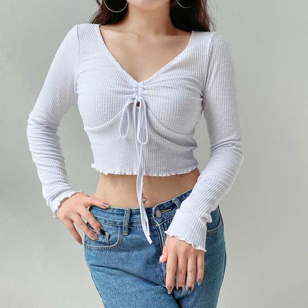 

women's long sleeve t-shirt chest hollow out frenulum fashionable tees versatile slim white crop female casual clothes