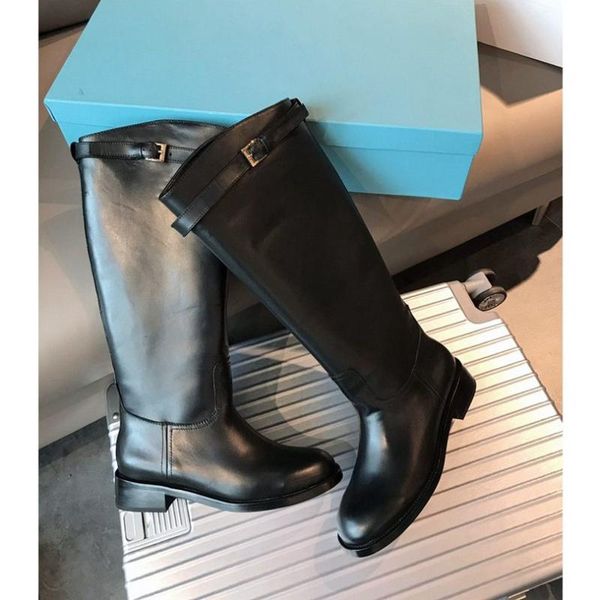 

2020 women boots genuine leather buckle decoration new comfortable high boots pure color round toe slip on designer, Black