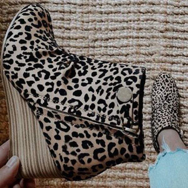 

women wedges ankle boots autumn winter leopard high heels round toe vintage ladies shoes punk martin boots zapatos mujer, Black