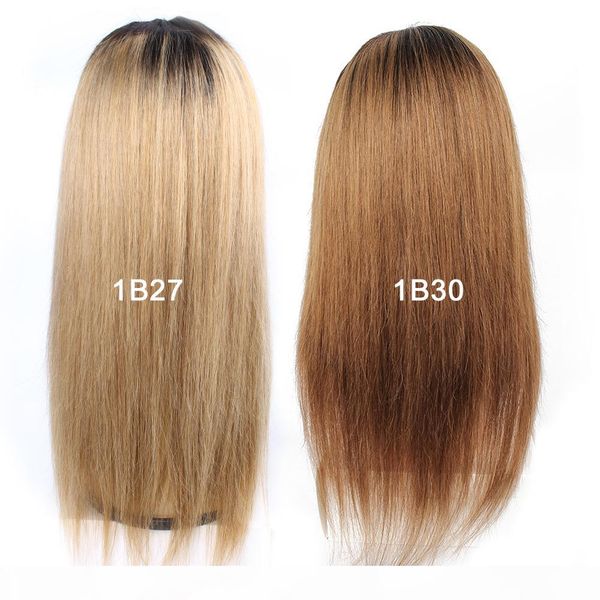 

100% human hair 4*4 lace frontal wig 180% density honey blond with dark roots color wig, Black;brown