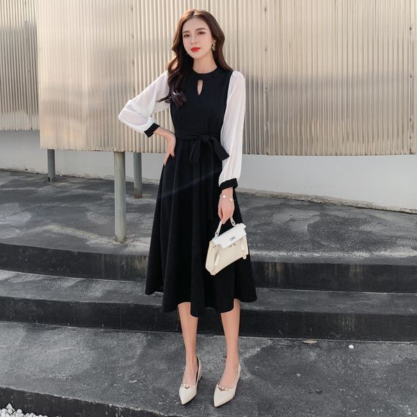 

0odbe 2020 early autumn new french fashion waist slimming fashion early mid-length elegant long-sleeved 2020 style autumn new french hepburn, Black;gray