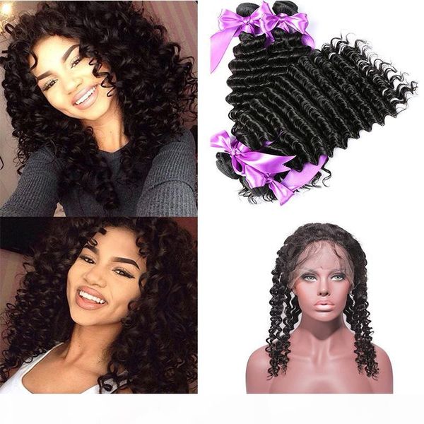 

brazilian virgin hair weaves 3 bundles with 360 full lace frontal closure brazilian deep wave virgin human hair closures, Black;brown
