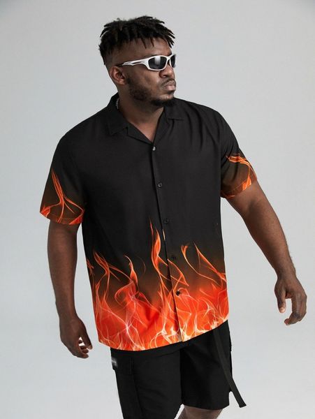 

extended sizes men fire print button front shirt u7h5#, White;black