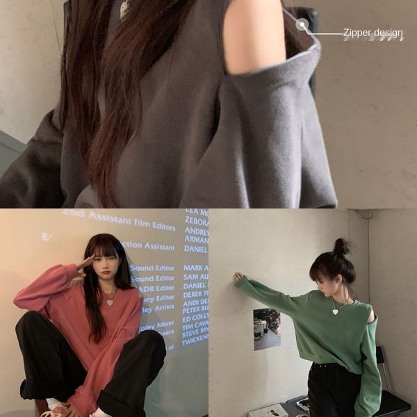 

pbxeo miss zuo is here coat sweatercandy slim sweaterdesign zipper sweater loose coat senseshoulder candy color short long sleeve hvlks, Black