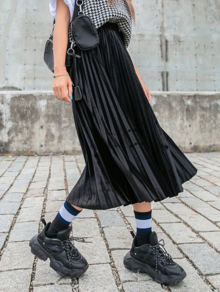 

dazy velvet high waist pleated skirt f4pq#, Black