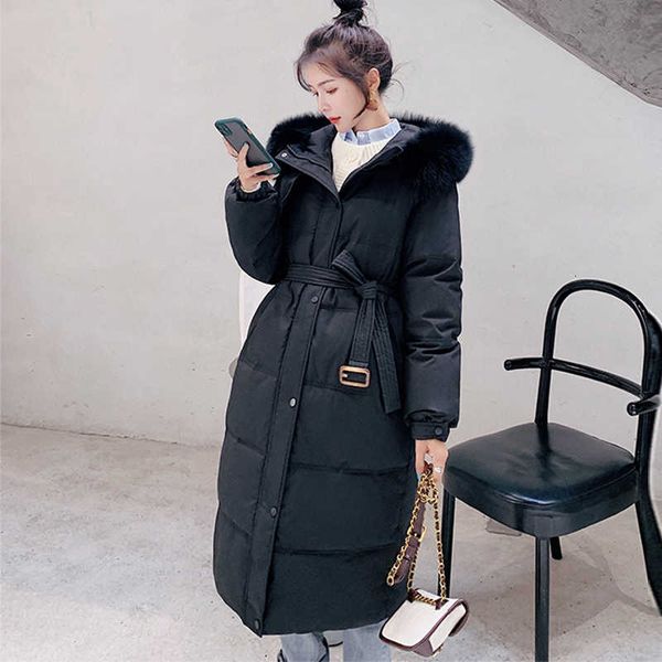 

new fashion women's long jackets hooded down parkas thick winter jacket women outwear with a belt apring coat, Black