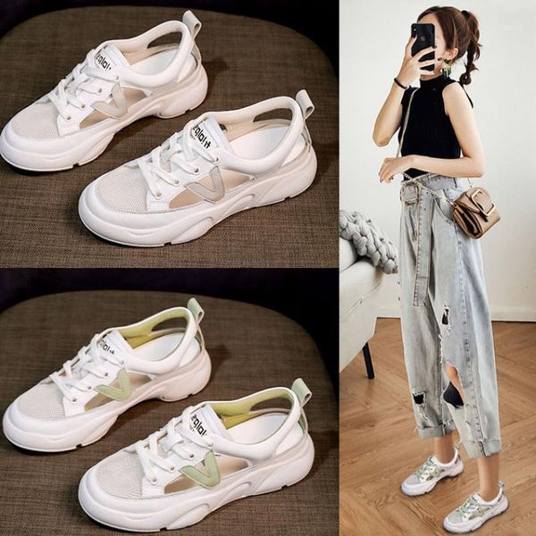 

women sport sandals summer white women's casual sports flat semi-high heeled sandals breathable lace-up height increasing1, Black