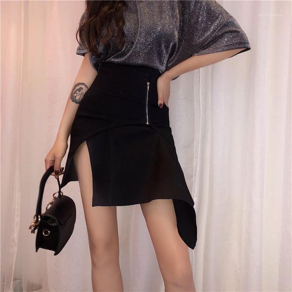 

bgteever high waisted irregular zipper side split women skirts black summer casual skirt female bottoms feminino 20181