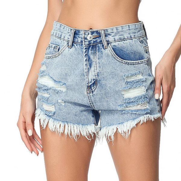 

summer fashion tassel jeans short women denim hole ripped shorts casual loose distressed shorts lady ants streetwear, Blue