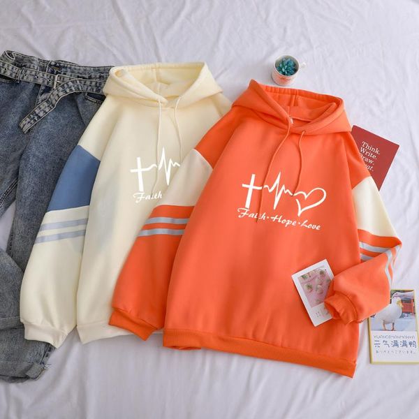 

women's hoodies & sweatshirts autumn winter fleece faith love hope casual loose streetwear drop shoulder hit color patchwork funny cute, Black