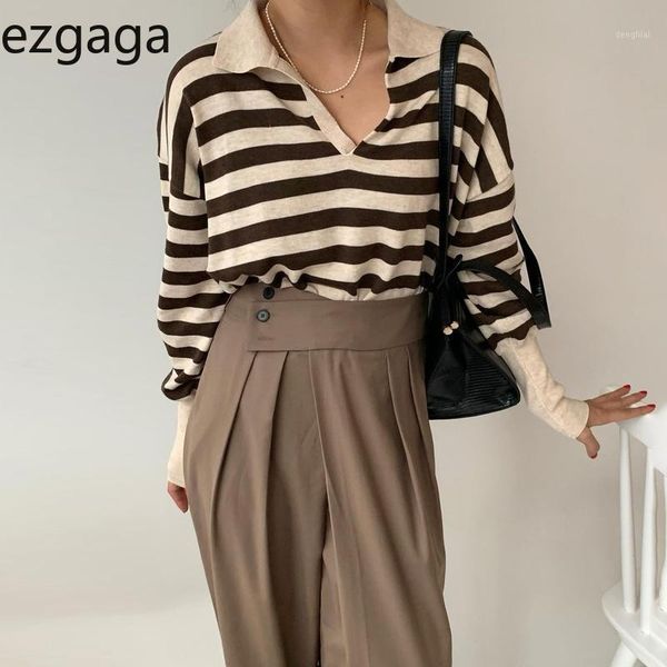 

ezgaga turn-down collar stripe loose knit jumper women fashion thin long sleeve all-match ladies sweater pullover casual1, White;black