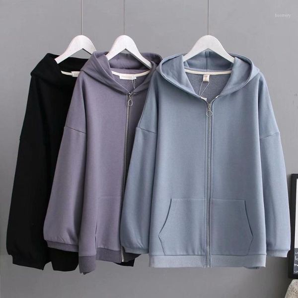 

plus size 4xl womens jacket spring new korean casual fashion loose solid color hooded zipper sweatshirt coat female outwear1, Black;brown