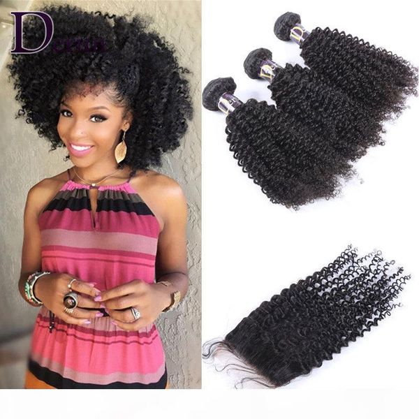 

3 bundles kinky curly hair with part middle part 3 part lace closure 100% human hair brazilian peruvian indian malaysian hair, Black