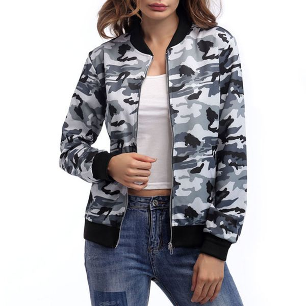 

fashion women's casual camo stretchy coat v neck zipper up denim with pockets outwear bomber jacket, Black;brown
