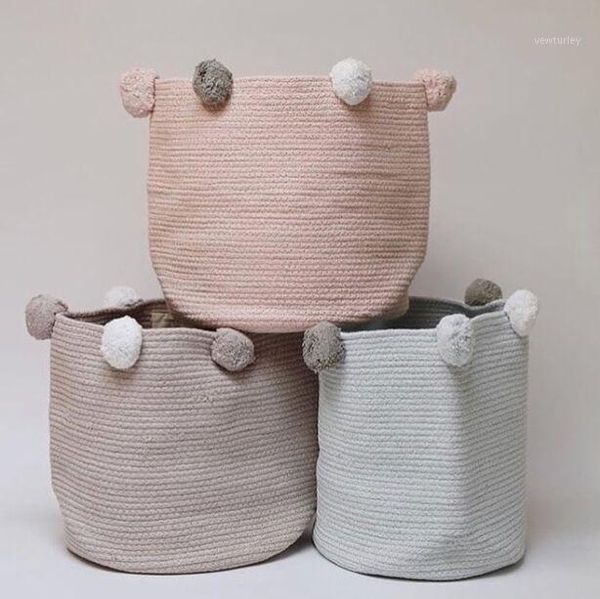 

storage bags woven basket dirty clothes nordic bag baby laundry toy fabric cotton pom rope1