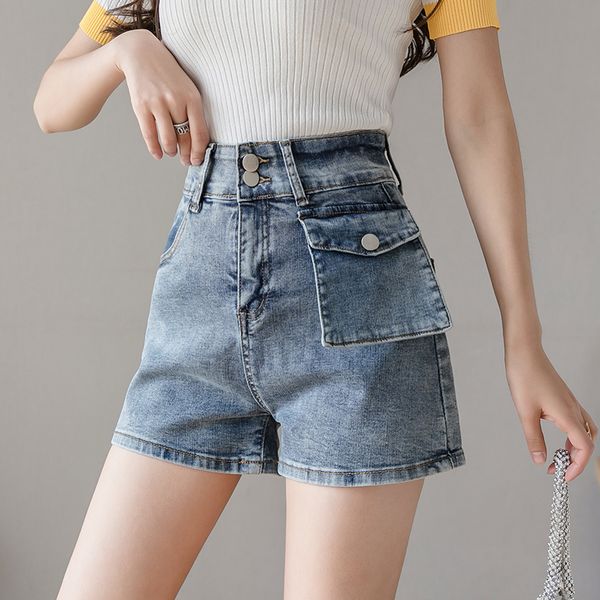 

fashion high waist women denim shorts 2020 summer button pockets female a-line jeans short streetwear chic ladies shorts y200822, White;black