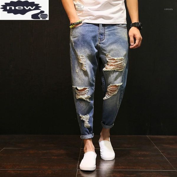 

fashion men baggy hole ripped jeans loose fit jogger hip hop male denim trousers large size hippie harem pants cowboy streetwear1, Blue