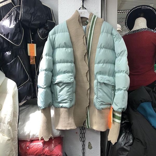 

ewq] 2020 spring new european pax women's winter coat stripe joint full sleeve thick warm black cotton-padded coats qz2691