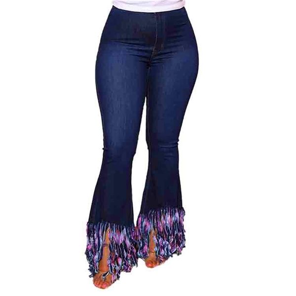 

color tassel high waist flared jeans women solid color skinny slimming casual denim flared pants lady streetwear denim trousers y1214, Blue