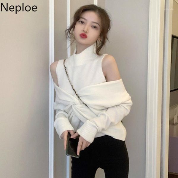 

neploe korean shoulder strapless knit sweater jumper cross tie design pullover solid fashion pull femme outwear 481061, White;black