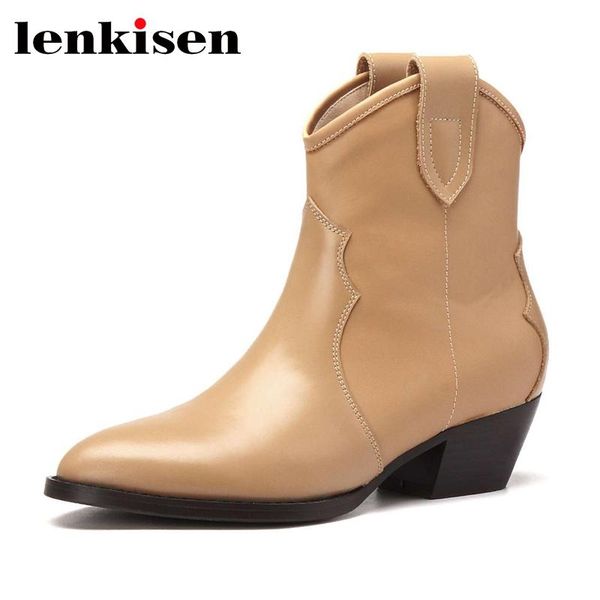 

lenkisen 2021 new style western boots genuine leather round toe med heel high street fashion slip on convenient ankle boots l03, Black